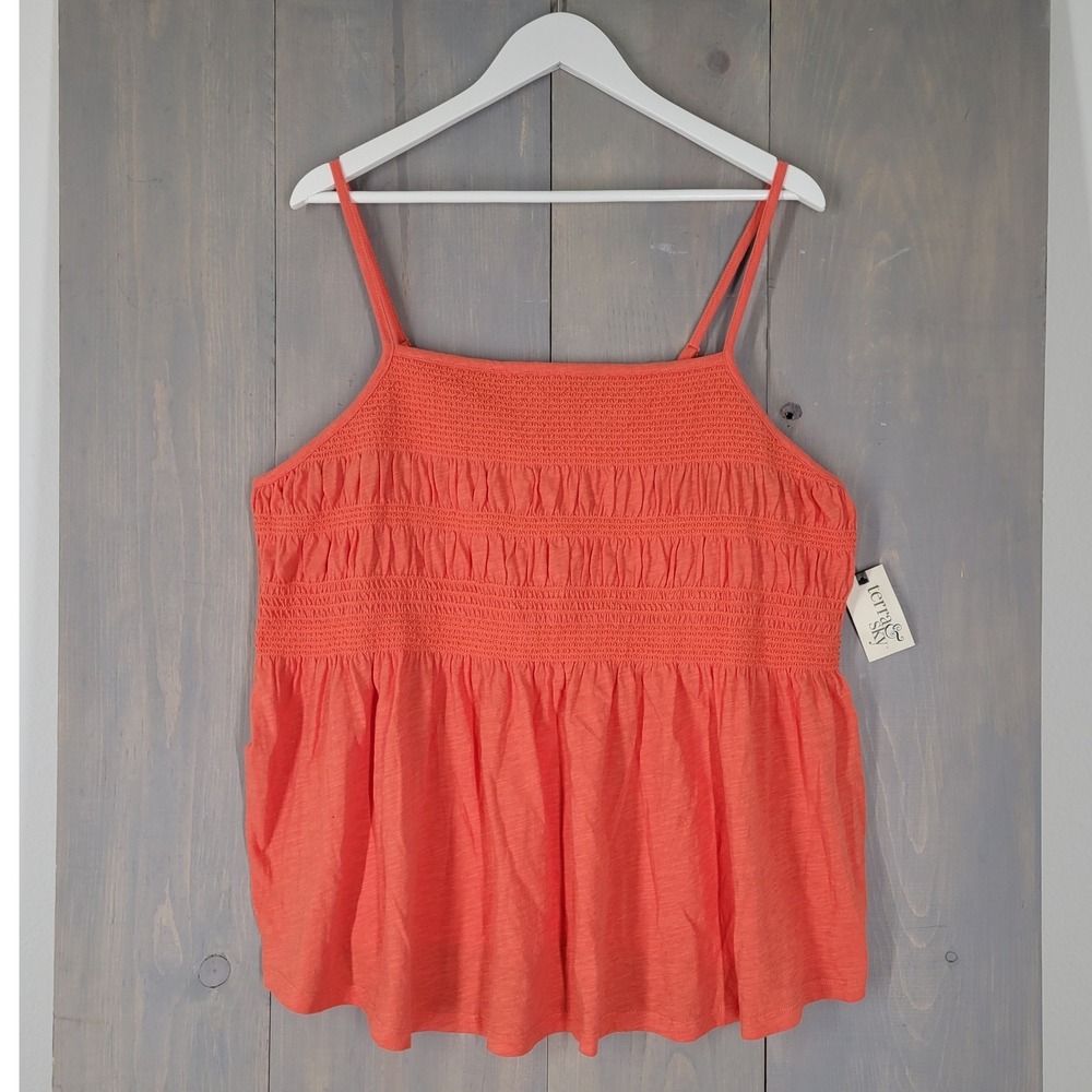 Terra & Sky Smocked Tank‎ Top Women 1X Coral Cotton Peplum Sleeveless